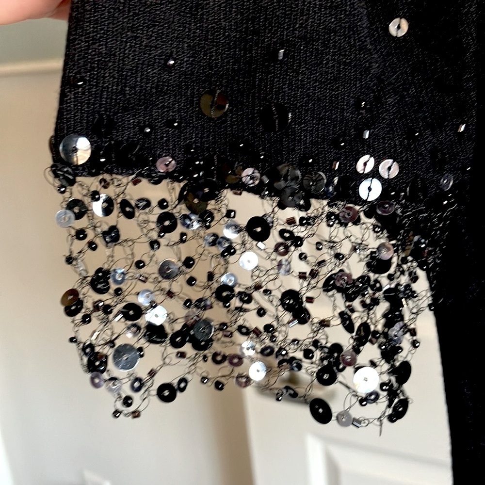 Morrell Maxie black knit sweater-blouse sequins, beads wire mesh beaded cuff S/M